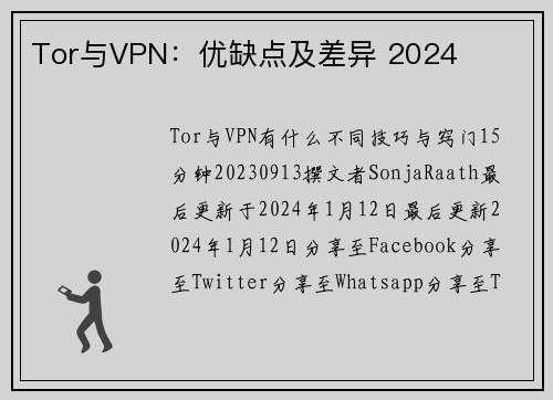 Tor与VPN：优缺点及差异 2024 